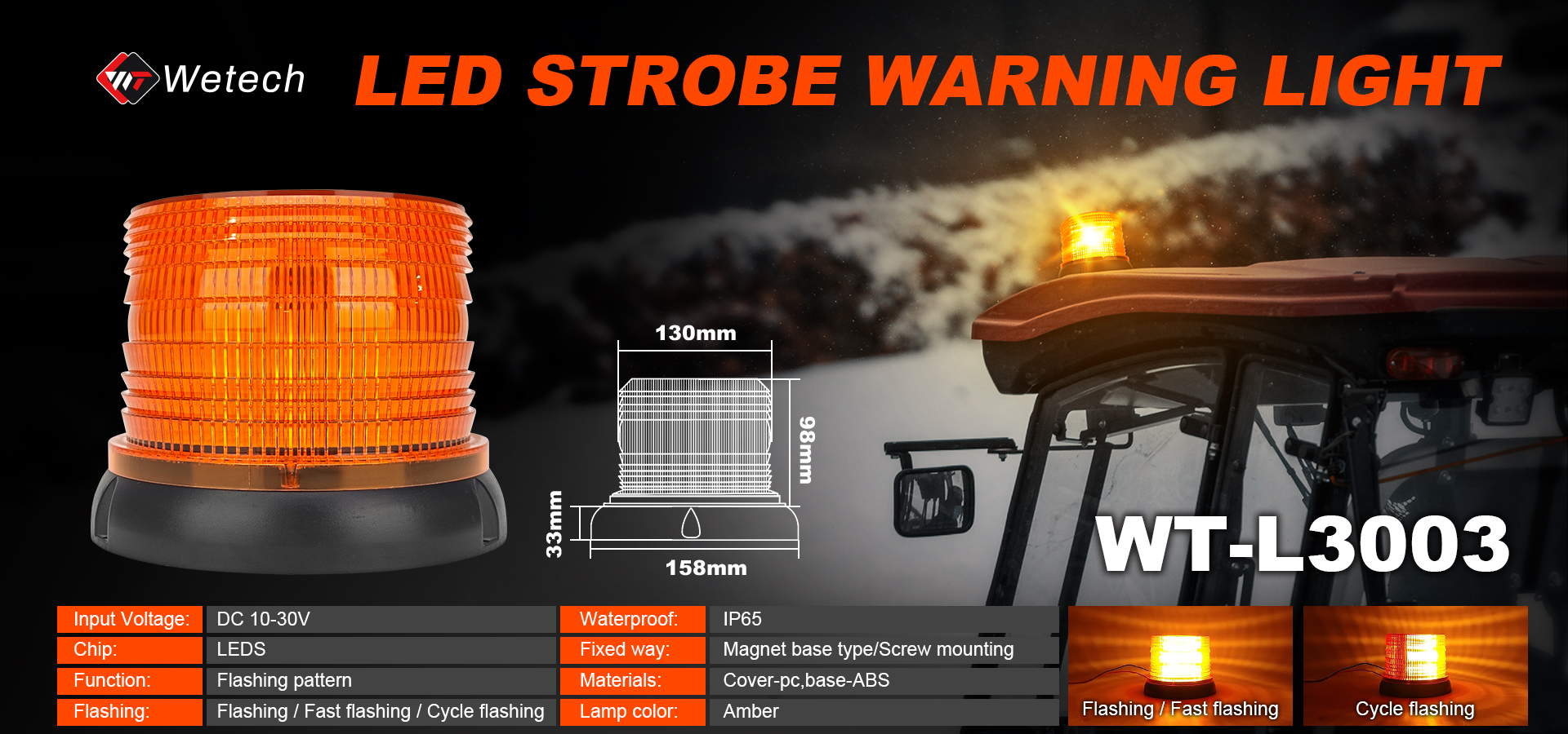 3-mode flashing amber LED strobe light for trucks