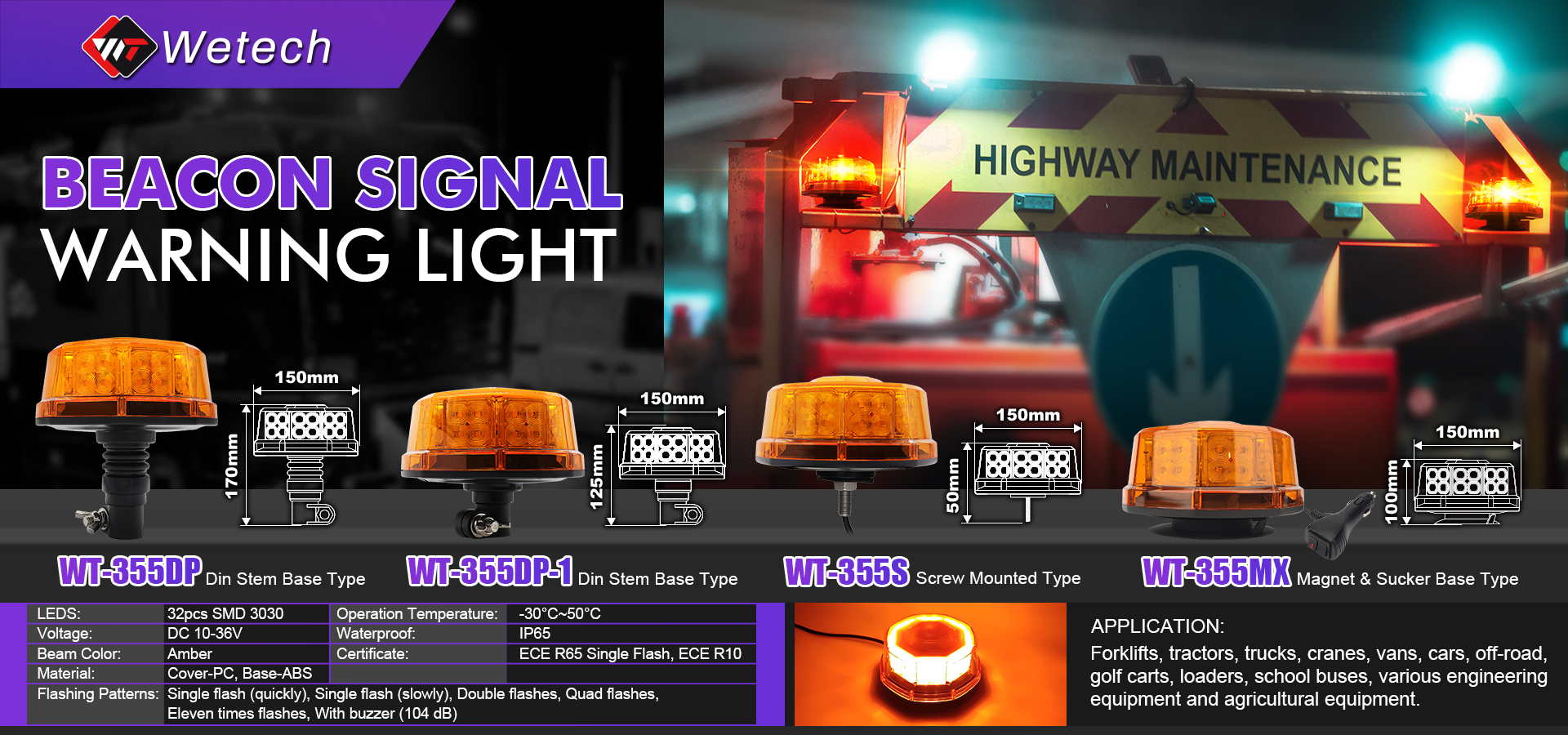 10-36V DC Amber LED Beacon with ECE R10 Certification